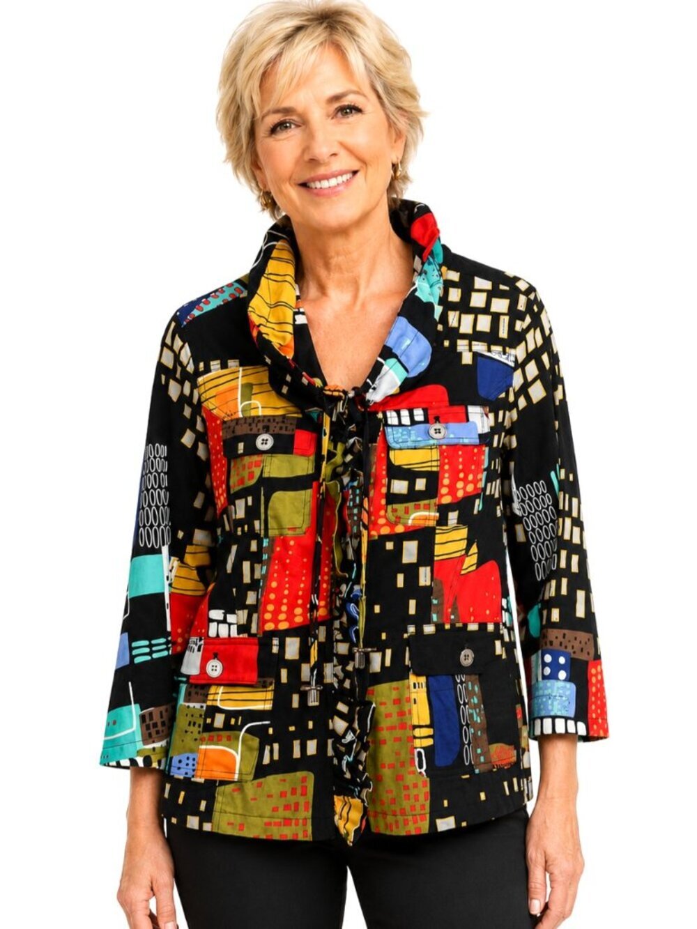Just B Multicolor Full Zip Ruffle Front Cotton Anorak Jacket